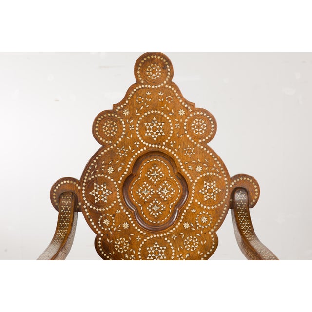 Wood Moroccan Richly Inlaid Armchair with Carved Back and Scrolling Arms, circa 1900 For Sale - Image 7 of 12