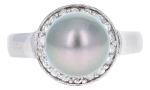 Tahitian Pearl and Diamond 14 Karat White Gold Ring, Size 7