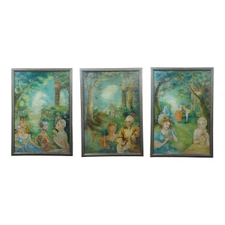 Mid 20th Century Vintage French Colonial Court Garden Party Scene Oil Paintings on Board, Framed - Set of 3 For Sale