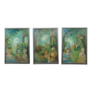Mid 20th Century Vintage French Colonial Court Garden Party Scene Oil Paintings on Board, Framed - Set of 3
