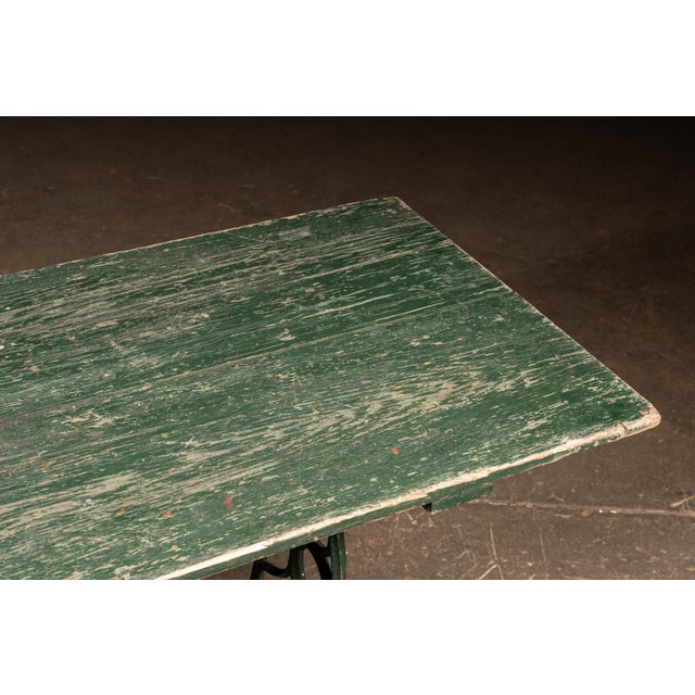 Metal Late 19th Century Weathered Green Farmhouse Trestle Table With Cast Iron Base For Sale - Image 7 of 10