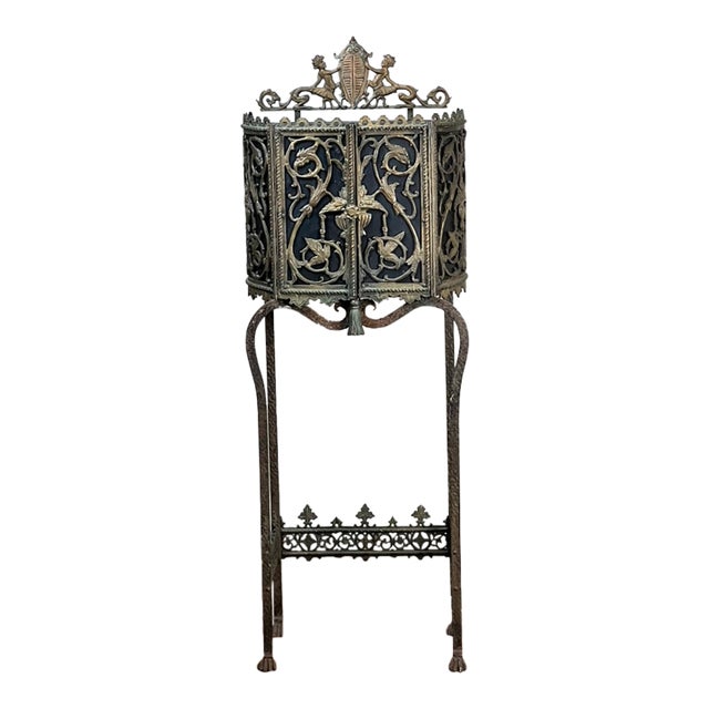 Antique Gothic Revival Cast Iron and Brass Phone Stand Attr. Oscar Bach or Bertram Segar C. 1920 Greenwich Village For Sale