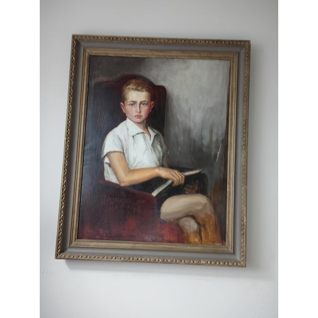 Early 19th Century Realism Seated Boy Portrait Oil Painting by Margot Clark (Signed "Vargoss") – 34" X 41 For Sale - Image 9 of 15