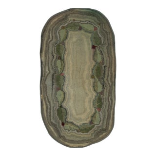 Antique Hooked Rug With Leaf Design in Pastel Green Tones - Rug & Kilim For Sale