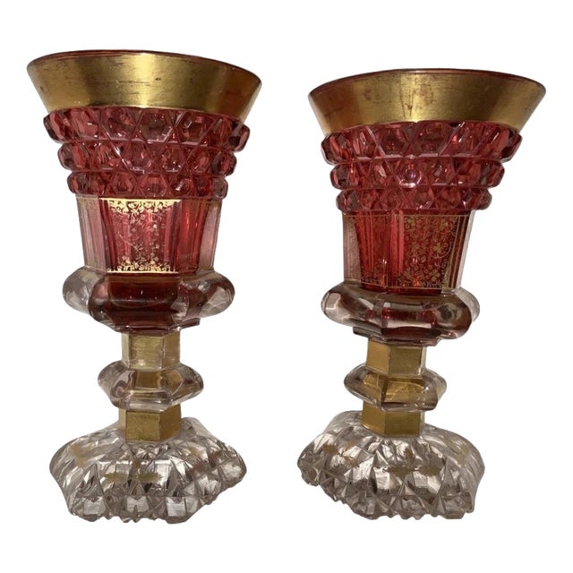 Bohemian Ruby Cut-to-Clear Gilt Glass Goblets from Moser, 1840, Set of 2 For Sale