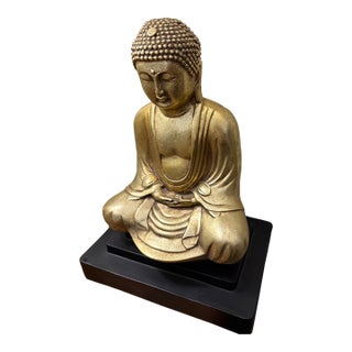 Ceramic Gold Tone Sitting Buda Statue on Wood Base For Sale