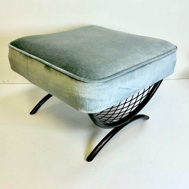 1960s Vintage Mid-Century Boho Chic Atomic Metal Footstool With Sky Blue Velvet Cushion For Sale - Image 6 of 13