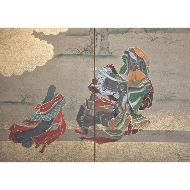 "Dancing Kimono Beauties", C. 1960s Shōwa Era Yamato-E Style Painted Byobu Screen For Sale In Dallas - Image 6 of 18