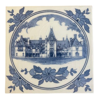 Vintage Holland Delft “Biltmore Estate" White/Blue Estate Graphic-5.75” Ceramic Trivet For Sale