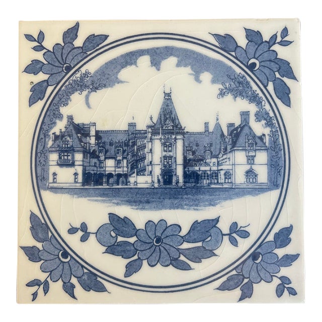 Vintage Holland Delft “Biltmore Estate" White/Blue Estate Graphic-5.75” Ceramic Trivet For Sale