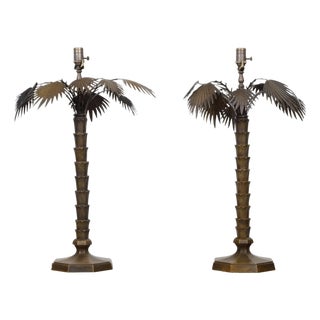 Pair of French 1920s Bronze Palm Tree Table Lamps on Octagonal Bases, USA Wired For Sale