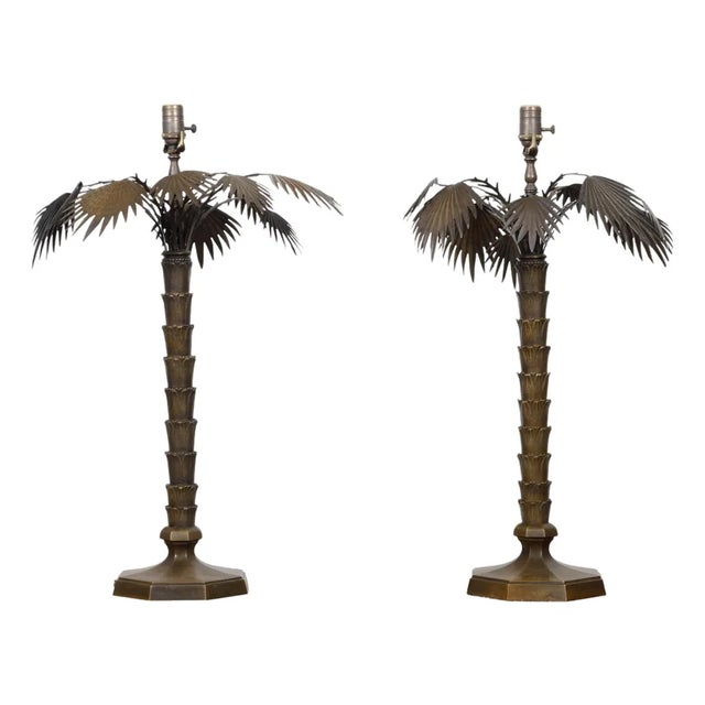 Pair of French 1920s Bronze Palm Tree Table Lamps on Octagonal Bases, USA Wired For Sale