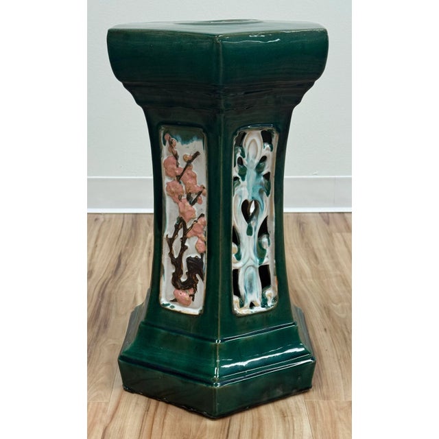 Early 20th Century Vintage Majolica Style Green Glazed Garden Stool For Sale - Image 5 of 9