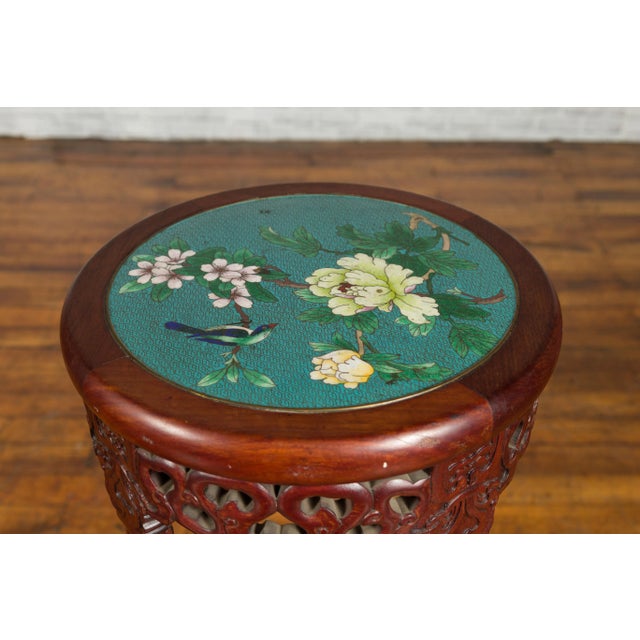 Antique Chinese Carved Round Stands with Painted Floral and Bird Décor - A Pair For Sale - Image 12 of 13