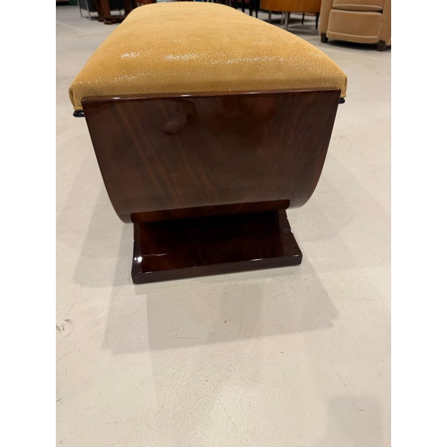 French Art Deco Bench fully restored and reupholstered in galuchat fabric. Styled walnut wood base has a reupholstered...