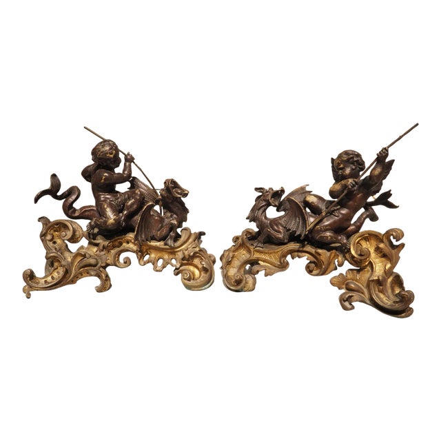 Impressive Pair of Circa 1850 French Bronze Chenets With Putti and Dragons For Sale