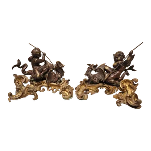 Impressive Pair of Circa 1850 French Bronze Chenets With Putti and Dragons