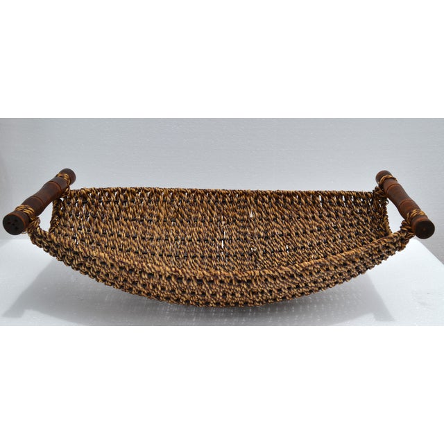 Organic Handwoven Decorative Basket Bamboo Handles Boho Chic For Sale - Image 16 of 16