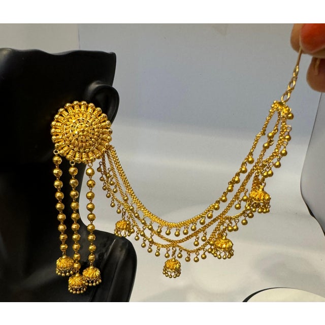 Modern 22k Gold Drop Earrings With 'Attached' Champasaralu / Ear Chains, 72 Gm For Sale - Image 3 of 8