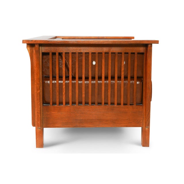 Crafters and Weavers Arts and Crafts / Craftsman Cubic Slat Side Arm Chair Chestnut Brown Leather For Sale - Image 4 of 5