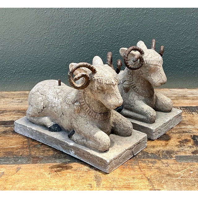 Vintage Plaster and Metal Ram Sculptures - Pair For Sale - Image 11 of 12