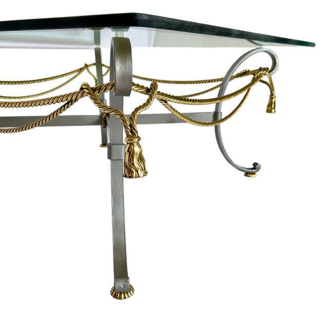 Brass 1970s Hollywood Regency Mixed Metal Rope and Tassel Glass Top Coffee Table For Sale - Image 8 of 12