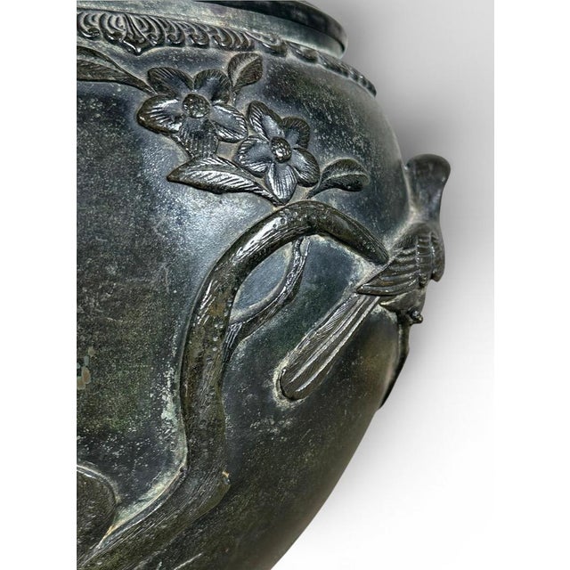 Metal Antique Japanese Meiji Period Patinated Bronze Vase Table Lamp With High Relief Bird and Flower Silk Pagoda Shade For Sale - Image 7 of 13
