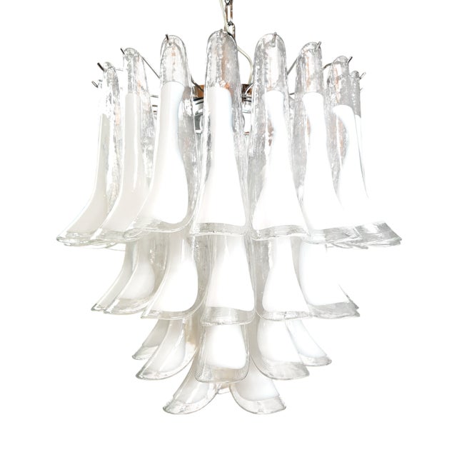 Vintage Milky White Murano Glass and Crystal Petals Chandelier, Italy, 1981 For Sale