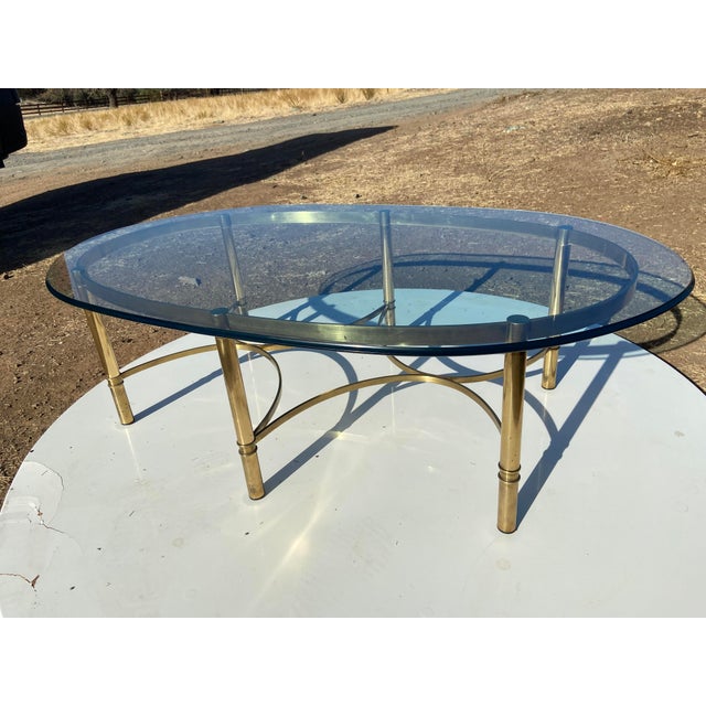Metal Vintage Mid Century Cocktail Labarge Style Brass and Glass Oval Coffee Table For Sale - Image 7 of 17