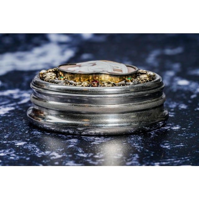 Magnificent Antique Grand Tour Box 19th Century Carved Shell Cameo Mixed Metals Gemstones Zeus Neoclassical Continental Silver For Sale - Image 12 of 15