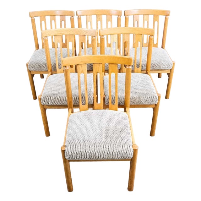 Mid Century Modern Dining Chairs Set 6 Oatmeal Tweed Solid Wood Vintage Fabric For Sale