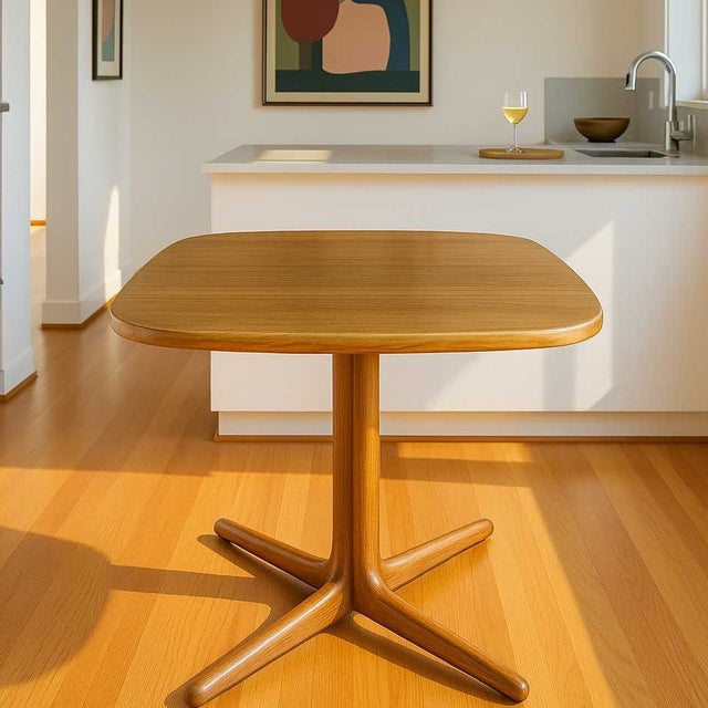Refinished Scandinavian Modern Teak Square Dining Table. A compact vintage teak dining table with softly rounded corners...