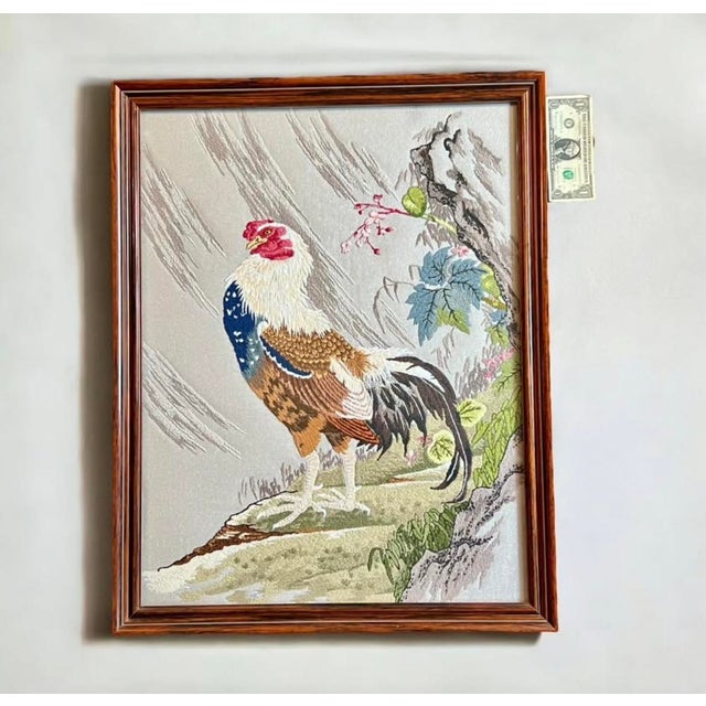 Vintage Bunka Embroidery Rooster Art-Framed-Japanese Punch Needlework-Textile For Sale - Image 11 of 12