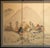Elegant circa 1960s Shōwa Era 4-panel painted Japanese Byobu (folding screen) on gold background depicts a peaceful...