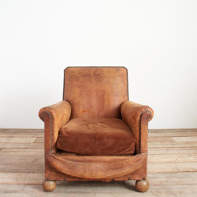 Antique French Leather Club Chair, 1920s For Sale - Image 3 of 9