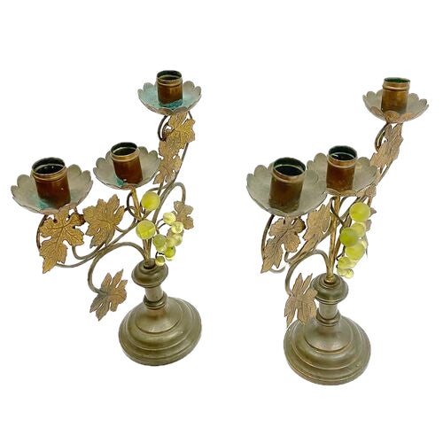 Pair of vintage tole and bakelite grapevine candle holders with three arms each. Tole candle cups, vine armature, leaves,...