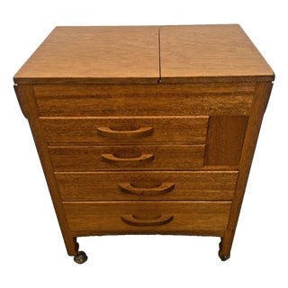 Mid Century Sewing Artist Cabinet, Four Drawers, Top Storage Bins, Expanding Top For Sale
