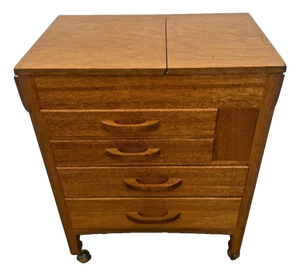Mid Century Sewing Artist Cabinet, Four Drawers, Top Storage Bins, Expanding Top
