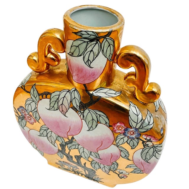 Mid 20th Century Chinese Gold Mirrored Moon Flask Vase With Pink Peaches For Sale - Image 4 of 9