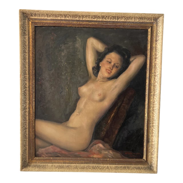 1900 German School Oil Painting on Board of a Reclining Female Nude, Framed and Signed For Sale