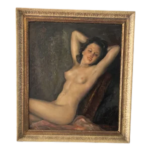 1900 German School Oil Painting on Board of a Reclining Female Nude, Framed and Signed