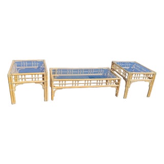 Vintage 3pc Rattan Wicker Bamboo Glass Coffee Table & Pair 2 Side End Tables For Sale