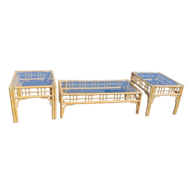 Vintage 3pc Rattan Wicker Bamboo Glass Coffee Table & Pair 2 Side End Tables For Sale