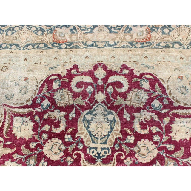 Layered Floral Medallion Antique Persian Mashad Rug in Red, Blue and Cream For Sale - Image 9 of 13
