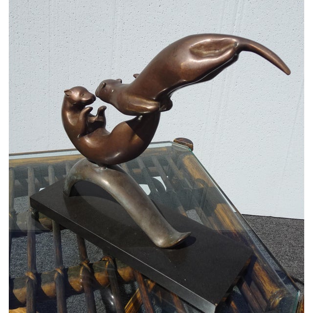 2000 - 2009 Vintage Bronze Balancing Swimming Otters Statue ~ Sculpture For Sale - Image 5 of 15