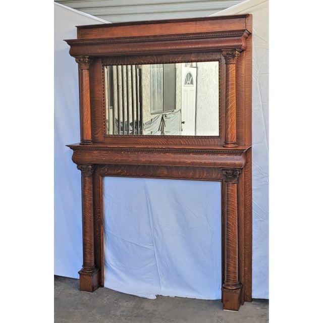 Antique Victorian American Tiger Oak Tall Fireplace Mantel Columns