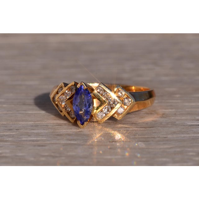The 12th Avenue: Marquise Tanzanite and Diamond Ring in Yellow Gold For Sale - Image 4 of 10