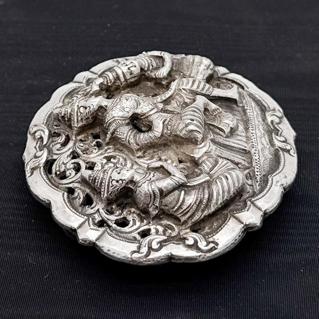 Late 19th Century Antique Burmese Coin Silver High-Relief Repoussé Pierced Belt Buckle For Sale - Image 4 of 6