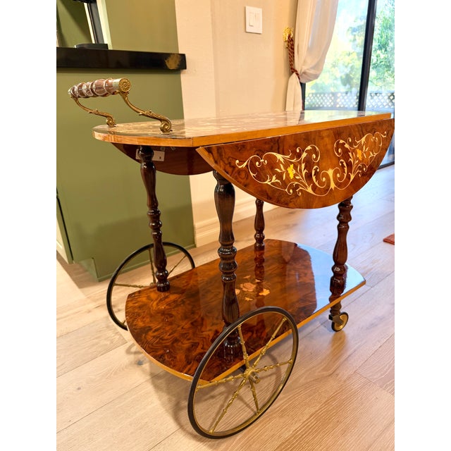 Sorrento marquetry drop-leaf bar cart of unknown brand, in colour walnut.