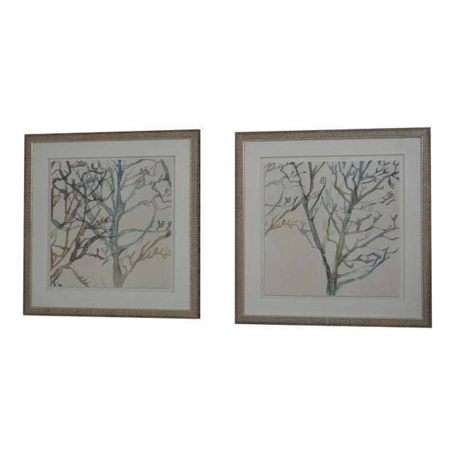 Pair Framed & Matted Modern Watercolors of Trees For Sale